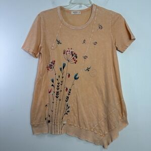 Jess & Jane Blouse Size S Mineral Washed Gauze Short Sleeve Top Floral USA Made